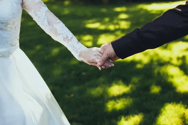 Η νύφη και ο γαμπρός κρατούν τα χέρια στα χέρια — Φωτογραφία Αρχείου