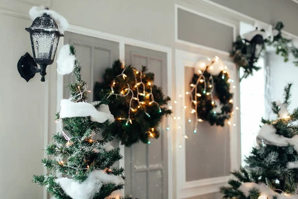 Frontowe Drzwi Ozdobione Świątecznym Wieńcem Drzewami Pokrytymi Śniegiem Wystrój Domu — Zdjęcie stockowe