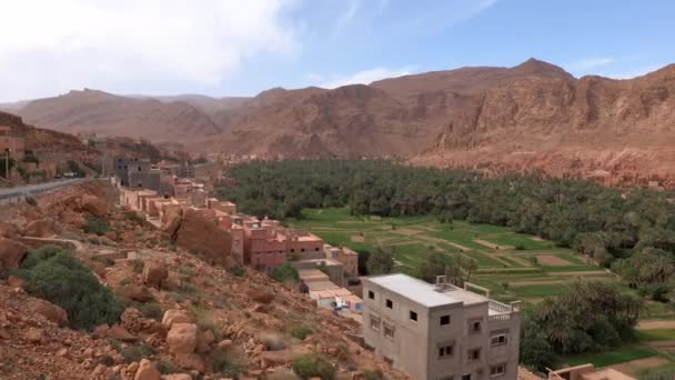 Vista aérea de la ciudad abandonada con casas de arcilla en Marruecos sin gente y oasis verde con palmeras, montañas de arcilla roja en el día soleado — Vídeo de stock
