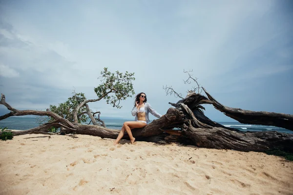 Ung kvinna i baddräkt sitter på trädet på vit sandstrand — Stockfoto