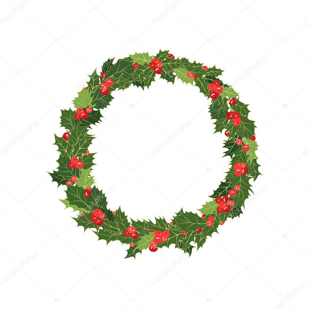 Colorful holly wreath. Christmas frame with green leaves, red holly berries. Xmas border with place for text. Vector illustration. Cartoon design decoration, new year gift, postcard, congratulation