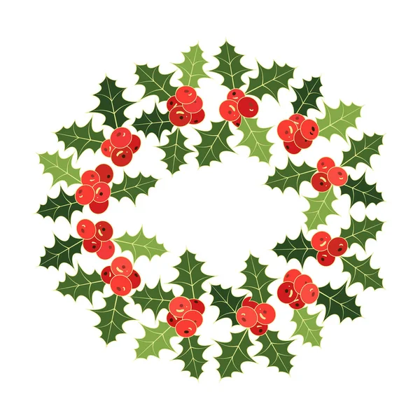 Kutsal Noel çelengi. Yeşil yapraklar ve kırmızı meyvelerden oluşmuş yuvarlak bir çerçeve. Xmas sınırında mesaj var. Beyaz arkaplanda vektör çizimi izole edildi. Ev dekorasyonu, el işleri, kağıt kesimi.