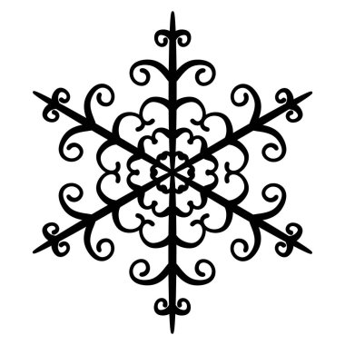 Bukleli güzel bir kar tanesi. Noel kar tanesinin siyah silueti. Kış ikonu, illüstrasyon oluşturma elementi. Vektör düz sembol. Doğrusal biçim, kesme şablonu. Kar tanesi tasarımı