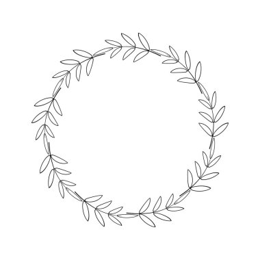 Basit yuvarlak çelenk ve kontur dalları. Siyah yapraklardan oluşan bir sınır. Dekoratif tasarım öğesi. Laurel çerçevesi logo, davetiye, çiftlik evi, kart. Vektör illüstrasyonu beyaz arkaplanda izole edildi