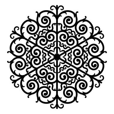 Yuvarlak süs, mandala. Noel kar tanesi deseni, dekoratif tasarım unsuru. Simge, güzel desen. Beyaz arka planda siyah çizim. Vektör illüstrasyonu