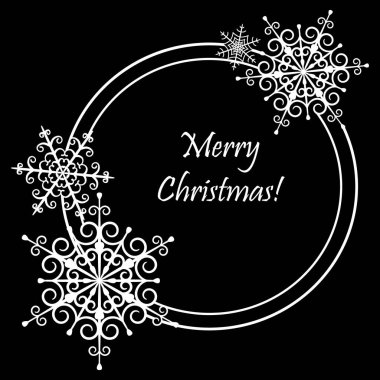 Kar taneli Xmas çerçevesi ve Mutlu Noeller mesajı. Davetiye için şık bir sınır, tebrik, kart oluşturma, hediye. Güzel bir kış çelengi. Siyah arka planda beyaz doğrusal çizim. Vektör