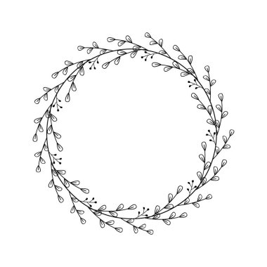 Dallardan, yapraklardan, böğürtlenlerden yapılmış yuvarlak çerçeve. Güzel çelenk, doğrusal çizim. Yazı için çiçek sınırı. Tatil davetiyesi, logo, ev dekorasyonu için tasarım şablonu. Vektör illüstrasyonu