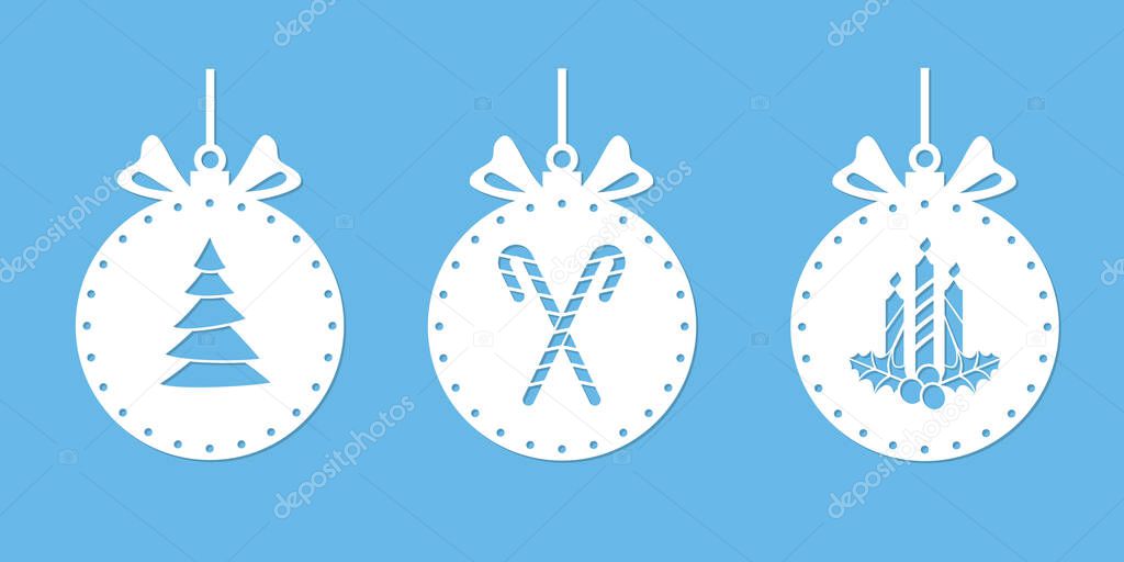 Christmas balls with a silhouette for cutting. Christmas ornament stencil. Xmas tree drawing, candy cane, candles and holly. Ball with a bow. Window decoration, craft, laser carving from wood. Vector