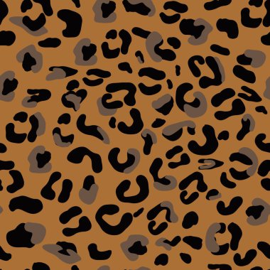 Leopar deseni, kusursuz desen. Kahverengi arka planda siyah lekeler var. Vahşi hayvan derisi taklidi, aslan, çita, leopar. Vektör illüstrasyonu, kedi tek renkli dokusu, etnik tasarım