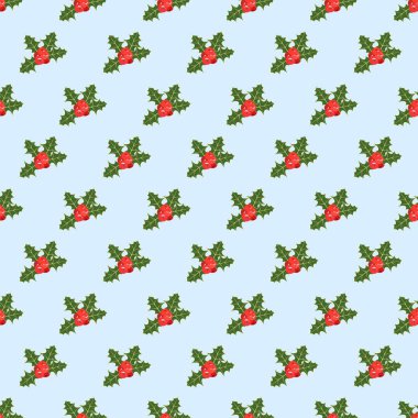 Kırmızı çoban üzümü ve yeşil yapraklı Noel deseni. Geometrik desenli kusursuz bir kış geçmişi var. Ambalaj kağıdı, koleksiyon defteri ve el işi projeleri için basit xmas dokusu. Vektör Holly bitkisi