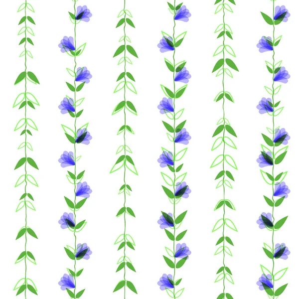 无缝图案 在白色的背景上攀爬着蓝花和绿叶的植物 有条纹的装饰品 漂亮的花质感 矢量说明 — 图库矢量图片
