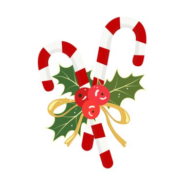 Kurdeleli ve çobanpüsküllü iki baston şeker. Beyaz kırmızı çizgili tatlı şeker. Kutsal yapraklar ve böğürtlenler, altın yay. Geleneksel Noel hediyesi. Xmas selamlamaları için vektör illüstrasyon, clipart, tasarım