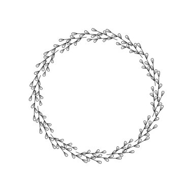 Dallardan ve yapraklardan yapılmış yuvarlak çerçeve. Söğüt ağacının bahar çelengi. Siyah çizim beyaz arkaplanda izole edilmiş. Tatil davetiyesi, logo, ev dekorasyonu için çiçek sınırı. Vektör