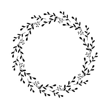 Dal, yaprak, böğürtlen soyut çelenkleri. Çiçekli yuvarlak çerçeve, siyah renkli karalama tarzı. Dekoratif sınır, kartpostallar için grafik öğe, ev dekorasyonu, hatıra defteri. Vektör illüstrasyonu