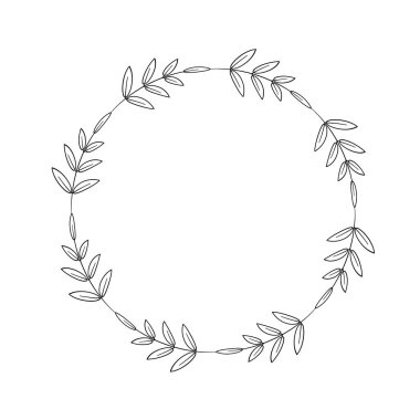 Dal ve yapraklardan oluşan yuvarlak bir çelenk. Çerçeve tasarımı doğrusal olarak. Yapraklı çember. Logo, etiket, albüm, hatıra defteri sınırı. Beyaz arkaplanda vektör çizimi izole edildi. Siyah