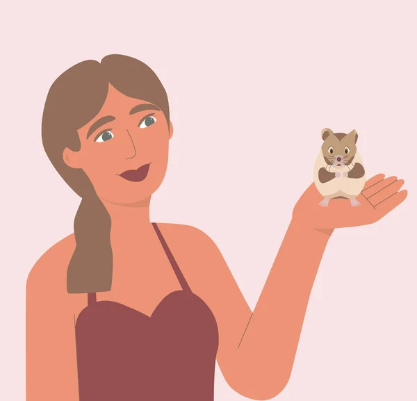 Een Hamster Hand Van Het Meisje Een Mooi Jong Meisje — Stockvector