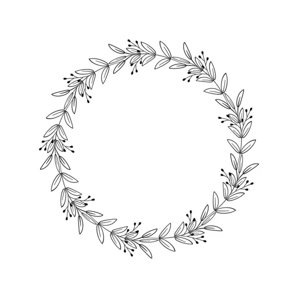 Yapraklı, dallı, böğürtlenli. El çizimi vektör çelengi. Logo, davetiye, düğün, etiket, monogram için güzel bir sınır. Beyaz arka planda siyah çizgisel çizim. Çember bitki