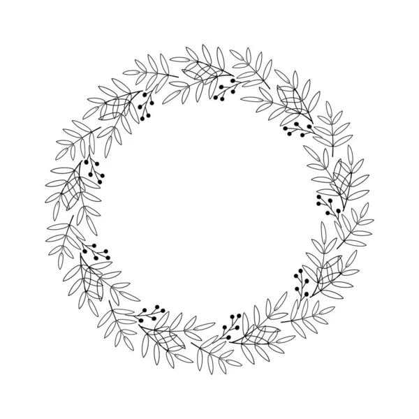 Couronne Ronde Florale Branches Feuilles Baies Bordure Élégante Dessin Contour — Image vectorielle