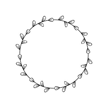 Yapraklı basit, zarif bir dal çelengi. Minimalizm. Doğrusal yapraklarla daire çiz. Güzel çerçeve. Logo, etiket, çiftlik evi dekorasyonu için tasarım şablonu. Vektör fabrikası sınırı. Beyaz üzerine siyah çizim