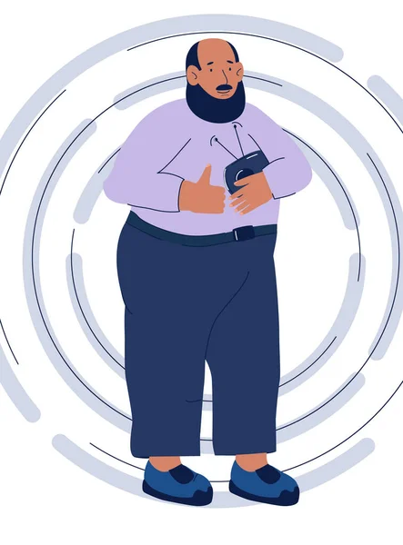 一个胖胖的大胡子男人拿着收音机 听音乐 竖起大拇指 可爱肥胖老年老人的卡通矢量特征 积极的生活方式 听音乐 — 图库矢量图片