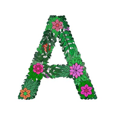 A harfi - beyaz arkaplanda renkli çiçek alfabesinin parlak bir elementi. Çiçeklerden, dallardan ve yapraklardan yapılmış. Vektörde çiçek yayı ABC elementi.