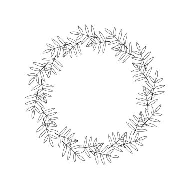 Dal ve yapraklardan oluşan basit bir çelenk. Çizgisel bir şekilde dekoratif kenar. Logo, etiket, hatıra defteri, çiftlik evi dekorasyonu için şık bir çerçeve. Beyaz arkaplanda izole edilmiş vektör siyah illüstrasyon.