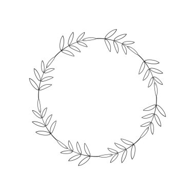 Yaprakların basit çelengi, doğrusal stil. Dallarla çember, siyah çizgiler, minimal tasarım. Zarif yuvarlak çerçeve. Logo, etiket, davetiye, tebrik kartı, etiket için tasarım şablonu. Simetrik çiçek kenarı