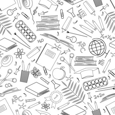 Okul malzemelerinde kusursuz desen. Beyaz arkaplan üzerinde çalışmak için kırtasiyenin simgeleri. Okul konseptine geri dönelim. Doğrusal vektör çizimi. Taslak semboller. Kağıt tasarımı, boyama kitabı, satış, mağaza