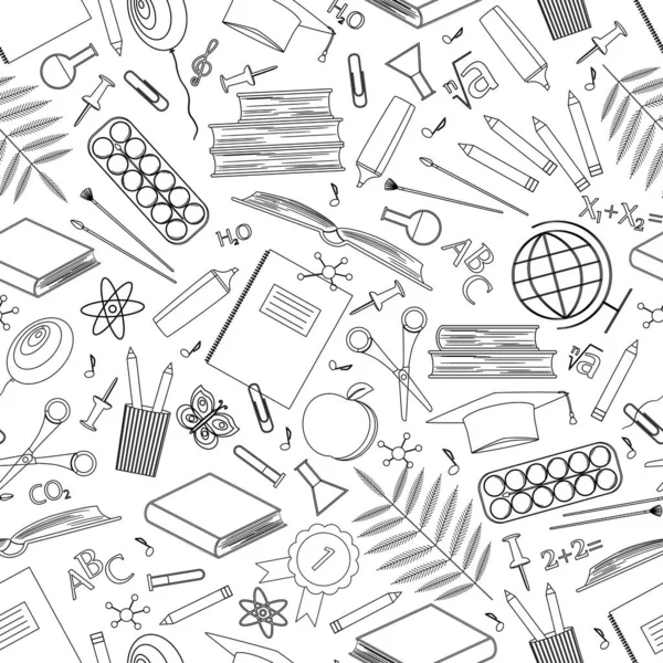 Okul malzemelerinde kusursuz desen. Beyaz arkaplan üzerinde çalışmak için kırtasiyenin simgeleri. Okul konseptine geri dönelim. Doğrusal vektör çizimi. Taslak semboller. Kağıt tasarımı, boyama kitabı, satış, mağaza