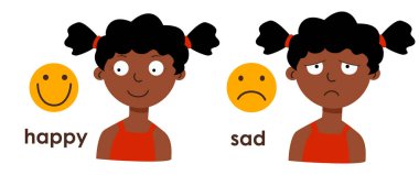 A cute African American girl with different moods - sad, cheerful. Emoticons joy and sadness. A child with wavy hair, ponytails. Laughs, sad. Cartoon character, vector illustration. Bad and good mood. vector