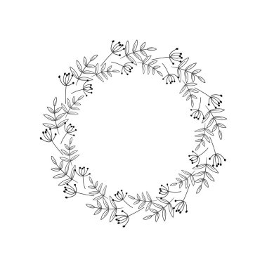 Dallardan, yapraklardan, meyvelerden oluşan bir çelenk. Beyaz arka planda siyah çizim. Ev dekorasyonu için çiçek çerçevesi, tebrikler, logo, etiketler. El çizimi sınır. Tatil vektör illüstrasyonu