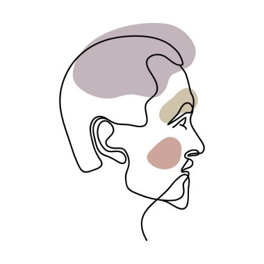 Bir adamın soyut portresi. Bir çizgi. Yakışıklı bir erkek, şık saç stili, sakalı, bıyığı var. Bir adamın yüzü. Modern sanat. Doğrusal biçim, güzellik, moda konsepti, baskı, poster tasarımı