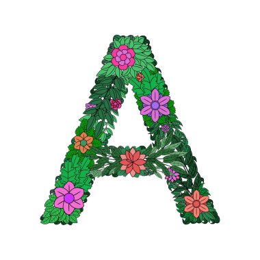 Harf A - beyaz arkaplanda renkli çiçek alfabesinin parlak bir unsuru. Çiçeklerden, dallardan ve yapraklardan yapılmış. Harf monogram A tasarım ögesi, vektör illüstrasyonu