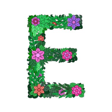 E harfi - beyaz arkaplanda renkli çiçek alfabesinin parlak bir elementi. Çiçeklerden, dallardan ve yapraklardan yapılmış. Vektörde çiçek yayı ABC elementi.