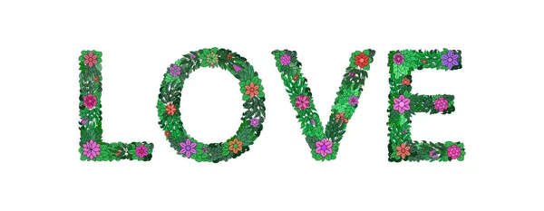 Beyaz Arka Planda Izole Edilmiş Çiçek Elementlerinden Yapılmış Metin Aşkı — Stok Vektör