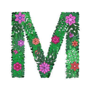 M harfi. Çiçekli ve yeşil yapraklı güzel bir monogram. Şirin simge, ismin baş harfleri için logotype. Beyaz arkaplanda izole edilmiş vektör illüstrasyonu