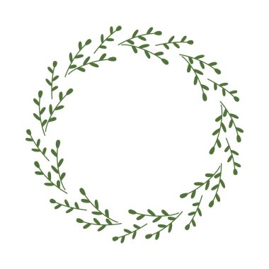 Küçük yapraklı basit, yuvarlak bir dallı çelenk. Yazı için güzel bir sınır. Yeşil dallı çiçek deseni. Logoti, etiket, tebrik, dekorasyon için bitki tasarımı. Vektör illüstrasyonu