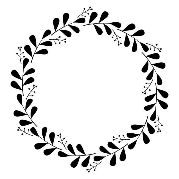 Dallardan, yapraklardan, böğürtlenlerden bir çelenk. Şenlikli bir sınır. Çiçek çerçevesi. Beyaz arkaplana siyah vektör çizimi. Silüet yerleştir. Logo, etiket, Noel dekorasyonu için tasarım şablonu.