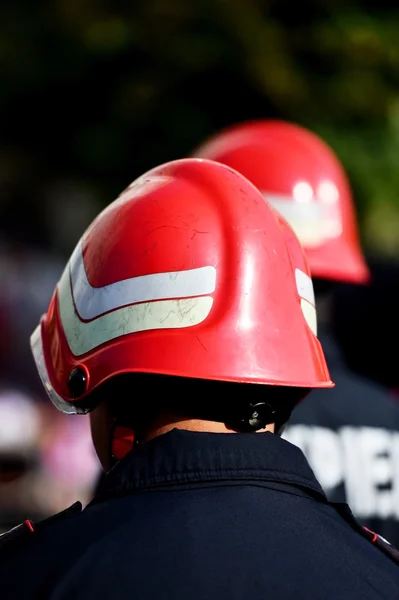 Capacetes de bombeiro vistos por trás — Fotografia de Stock