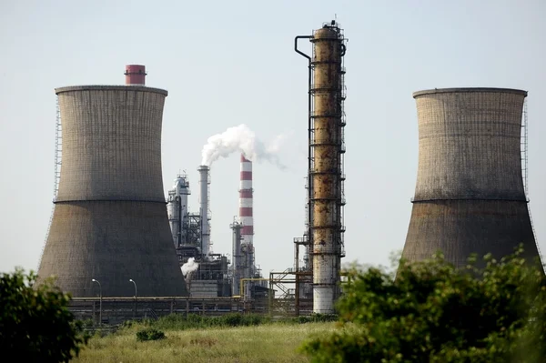 Planta petroquímica vista através de arbustos verdes — Fotografia de Stock