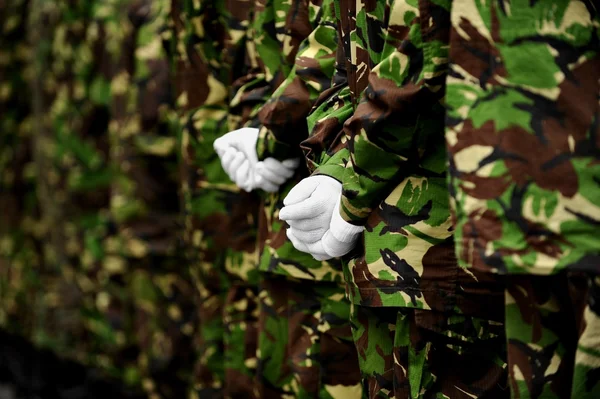 Soldiers in camouflage uniform with hands behind backs — Stock Photo, Image