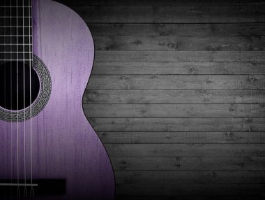 Gri bir ahşap zemin üzerinde pembe bir akustik gitar parçası.