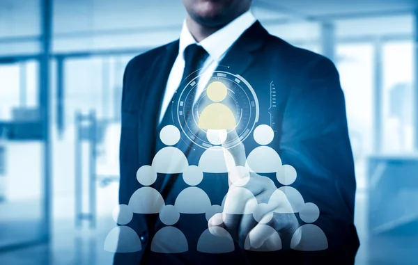 Mão transportando rede ícone homem de negócios - HR, HRM, MLM, trabalho em equipe e conceito de liderança — Fotografia de Stock