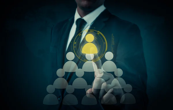 Mano que lleva la red de iconos de hombre de negocios - HR, HRM, MLM, trabajo en equipo y concepto de liderazgo — Foto de Stock