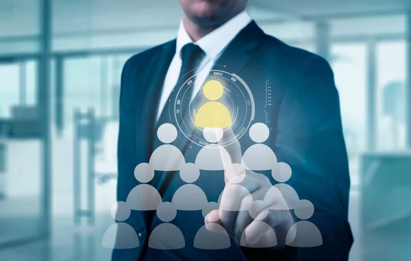 Hand uitvoering zakenman pictogram netwerk - Hr, Hrm, Mlm, teamwerk en leiderschap concept — Stockfoto