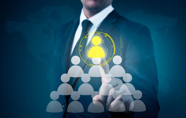 Hand uitvoering zakenman pictogram netwerk - Hr, Hrm, Mlm, teamwerk en leiderschap concept — Stockfoto