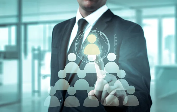 Hand uitvoering zakenman pictogram netwerk - Hr, Hrm, Mlm, teamwerk en leiderschap concept — Stockfoto