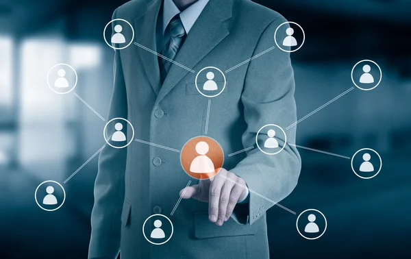 Mão transportando rede ícone homem de negócios - HR, HRM, MLM, trabalho em equipe e conceito de liderança — Fotografia de Stock