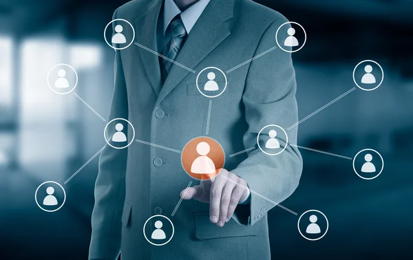 Hand uitvoering zakenman pictogram netwerk - Hr, Hrm, Mlm, teamwerk en leiderschap concept — Stockfoto