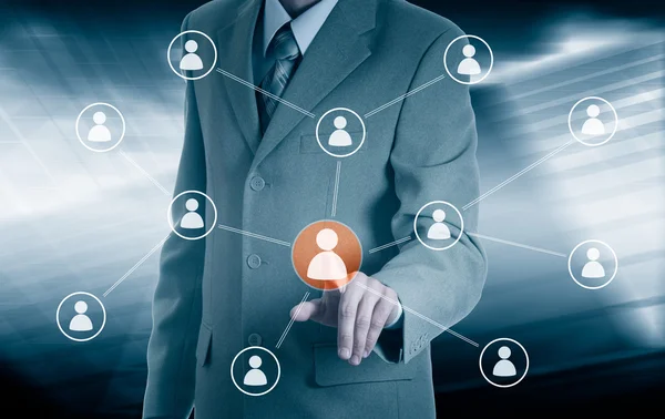 Hand uitvoering zakenman pictogram netwerk - Hr, Hrm, Mlm, teamwerk en leiderschap concept — Stockfoto